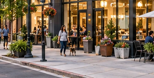 Modern mixed-use building places ground-floor shops below apartments and balconies, bringing separate business and residential spaces into one city block.