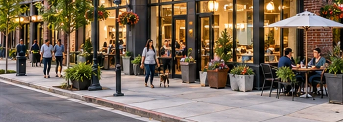 Modern mixed-use building places ground-floor shops below apartments and balconies, bringing separate business and residential spaces into one city block.