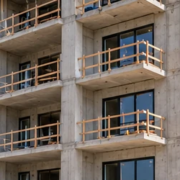 Multi-family concrete apartment building under construction with repeated balcony bays, perimeter scaffolding, and workers on the structure.