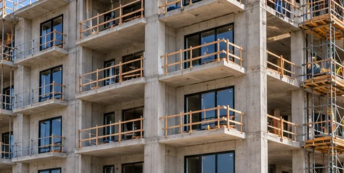 Multi-family concrete apartment building under construction with repeated balcony bays, perimeter scaffolding, and workers on the structure.