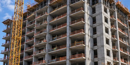 Multi-storey apartment building under construction with concrete floors, open balcony bays, and a tower crane.