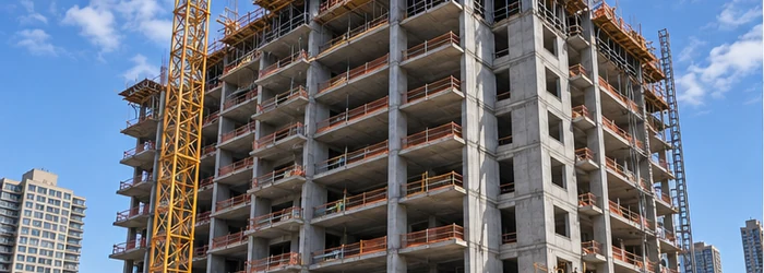 Multi-storey apartment building under construction with concrete floors, open balcony bays, and a tower crane.