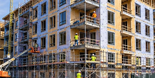 Mid-rise multi-unit apartment building takes shape behind scaffold as crews construct repeated floors and balconies.