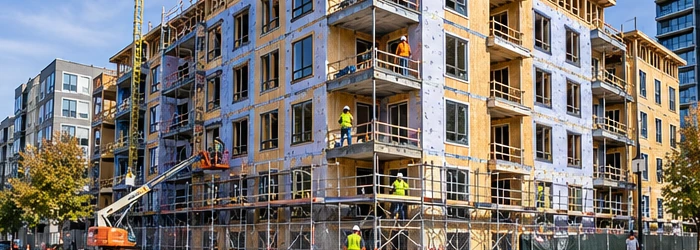 Mid-rise multi-unit apartment building takes shape behind scaffold as crews construct repeated floors and balconies.