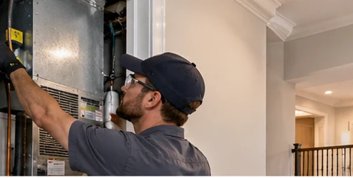 HVAC technician inspects an air handler and ductwork in a multilevel home, with an upstairs air register visible.