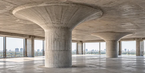 Reinforced concrete flat slab supported by columns with flared mushroom-shaped capitals that spread support across the slab.