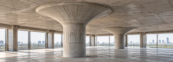 Reinforced concrete flat slab supported by columns with flared mushroom-shaped capitals that spread support across the slab.