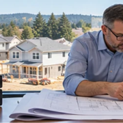 Residential construction analyst and homebuilder review house plans and project documents while a neighborhood under construction is visible.