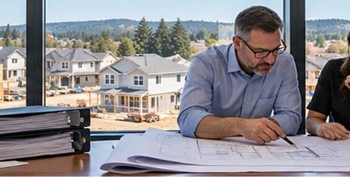 Residential construction analyst and homebuilder review house plans and project documents while a neighborhood under construction is visible.
