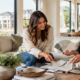 Homeowner and interior designer compare paint and fabric samples in a newly built living room.