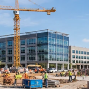 Office, institutional, and industrial buildings at different stages of development on a non-residential construction campus.