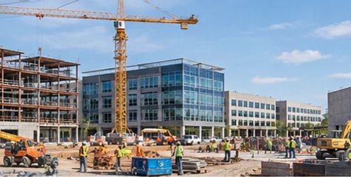 Office, institutional, and industrial buildings at different stages of development on a non-residential construction campus.