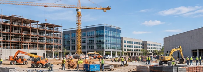 Office, institutional, and industrial buildings at different stages of development on a non-residential construction campus.