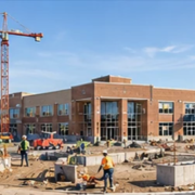 Office, healthcare, and educational buildings at different stages of construction illustrate non-residential projects.