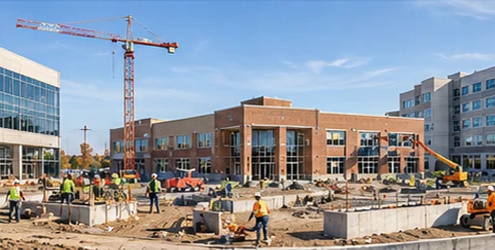 Office, healthcare, and educational buildings at different stages of construction illustrate non-residential projects.
