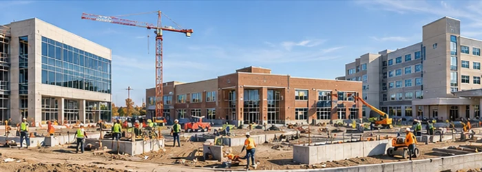 Office, healthcare, and educational buildings at different stages of construction illustrate non-residential projects.