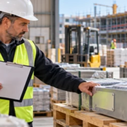 Construction manager checks materials and product records on a UK building site to confirm procurement status and ratings.