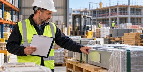Construction manager checks materials and product records on a UK building site to confirm procurement status and ratings.