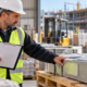 Construction manager checks materials and product records on a UK building site to confirm procurement status and ratings.