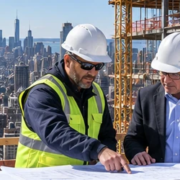 Construction manager and owner review project plans and a blank cost estimate beside an active Manhattan commercial building site.