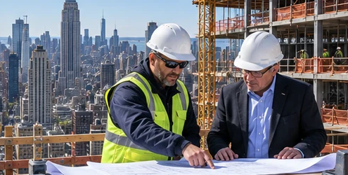 Construction manager and owner review project plans and a blank cost estimate beside an active Manhattan commercial building site.