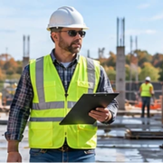 Safety inspector checks a commercial building site while workers use protective gear and follow safe work practices.