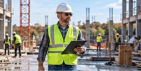 Safety inspector checks a commercial building site while workers use protective gear and follow safe work practices.