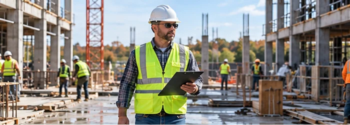 Safety inspector checks a commercial building site while workers use protective gear and follow safe work practices.