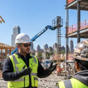 Safety supervisor in PPE discusses work between a timber-framed home and a multistory commercial project, illustrating residential and commercial site distinctions.