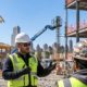 Safety supervisor in PPE discusses work between a timber-framed home and a multistory commercial project, illustrating residential and commercial site distinctions.