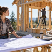 Homeowner acting as the general contractor reviews house plans with tradespeople at a timber-framed residential construction site.