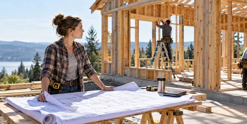 Homeowner acting as the general contractor reviews house plans with tradespeople at a timber-framed residential construction site.