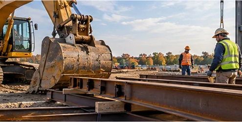 Excavator works beside heavy structural steel beams at a jobsite, illustrating robust construction equipment and materials.