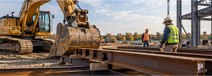 Excavator works beside heavy structural steel beams at a jobsite, illustrating robust construction equipment and materials.