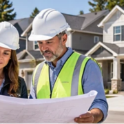 Homebuilding team reviews residential plans beside a development of completed houses.