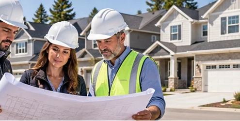 Homebuilding team reviews residential plans beside a development of completed houses.