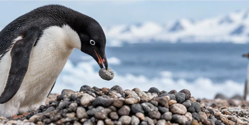 Adélie penguin places a pebble beside its nest on a rocky Antarctic shore, with a second penguin in the background.
