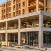 Mixed-use podium building under construction with a reinforced-concrete base supporting a taller timber-framed residential structure.