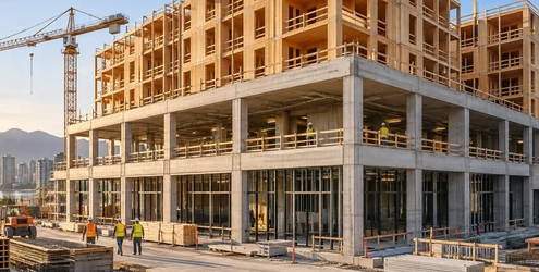 Mixed-use podium building under construction with a reinforced-concrete base supporting a taller timber-framed residential structure.