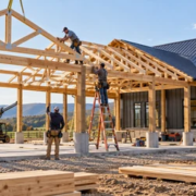 Builders install timber posts and roof trusses on a pole barn house frame in a rural setting.