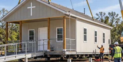 Crew guides a modular chapel into place with a crane on its prepared site, beside an accessible entrance ramp.