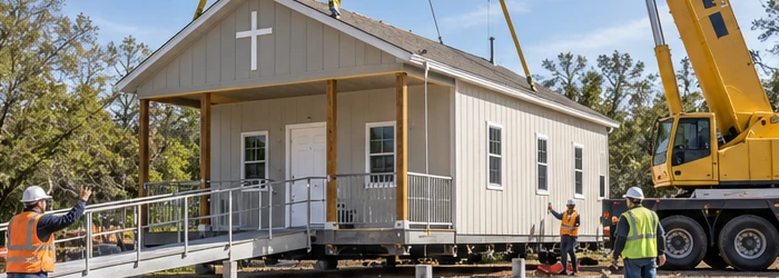 Crew guides a modular chapel into place with a crane on its prepared site, beside an accessible entrance ramp.