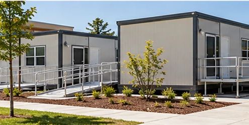 Portable modular classrooms line a school walkway with accessible ramps and the main school building nearby.