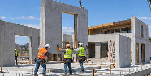 Crane lifts a precast concrete wall panel onto the foundation of a modern single-family house as the crew guides it into place.