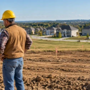 Builder and developer review a surveyed residential lot with plot stakes before new home construction begins.