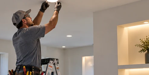 Electrician fits flush recessed ceiling lights and a built-in wall niche set back from the surface in a modern room.