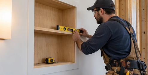 Carpenter aligns a built-in wall niche at the framing stage, showing how recessed shelving sits within the wall plane.