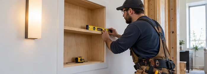 Carpenter aligns a built-in wall niche at the framing stage, showing how recessed shelving sits within the wall plane.