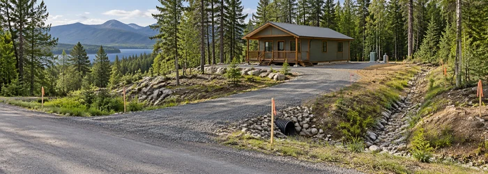Wooded recreational parcel with a small cabin on a cleared pad, gravel access road, survey markers, and a visible drainage swale.