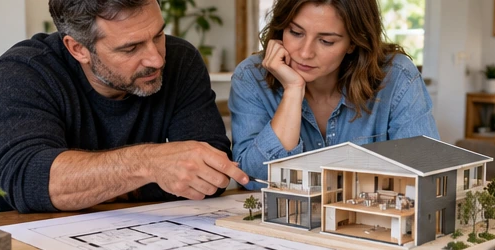 Homeowner and architect study a compact house model to reduce the footprint while keeping its room layout practical.